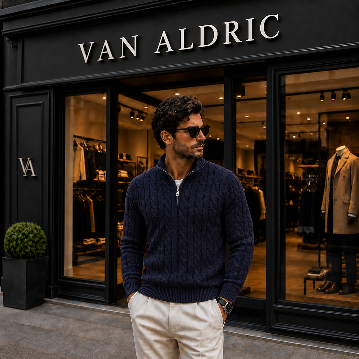 Van Aldric Boutique mit Model im Taebaek Zopfmuster-Pullover